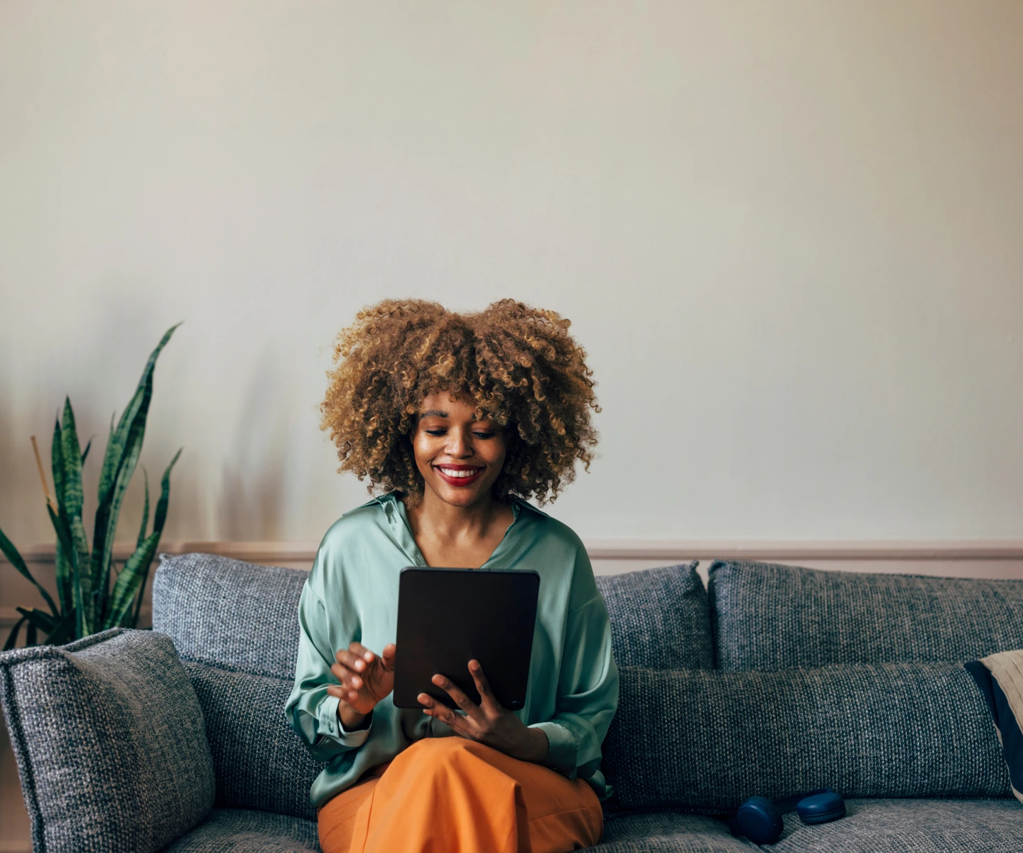 Woman using fiber internet at home